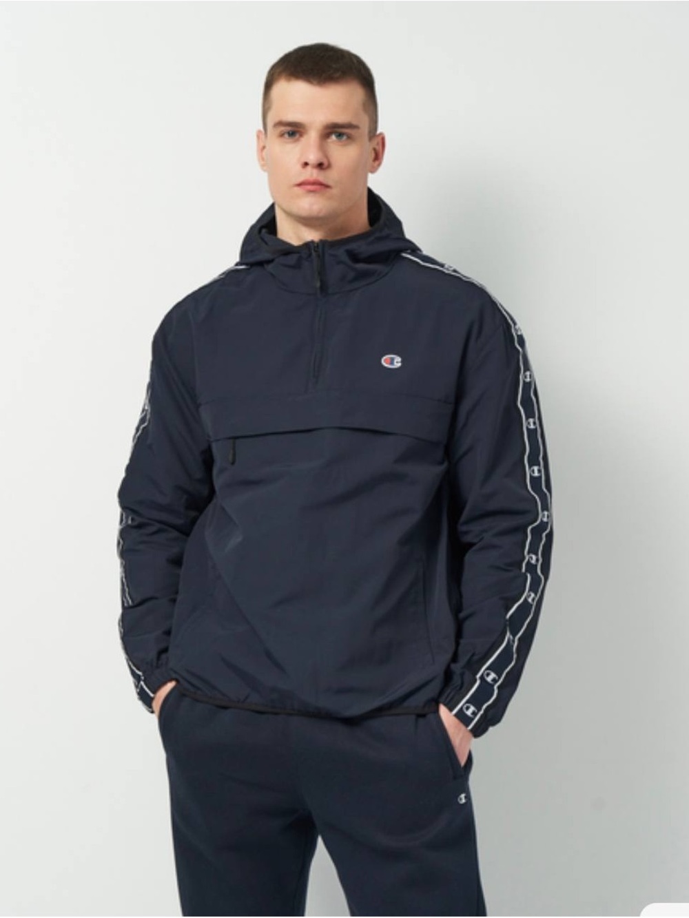 Champion Navy Hooded Pullover Windbreaker with Logo Tape